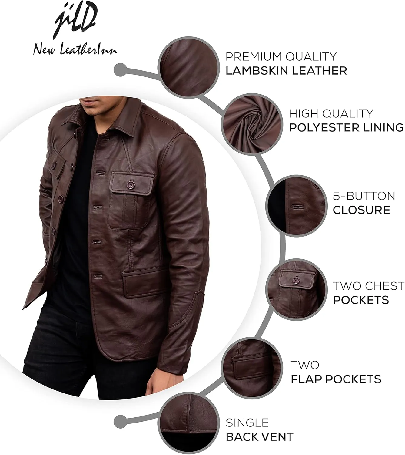 Jild Lambskin Leather Jacket Men Casual Coat  Notched Collar Classic Bonds Style Ultimate Leather Blazer for Men
