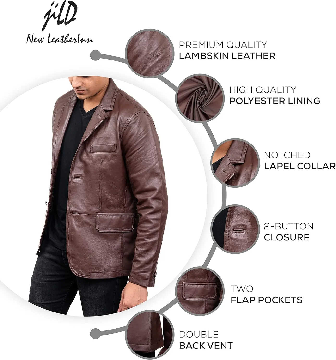 Jild Lambskin Leather Jacket Men Casual Coat  Notched Collar Classic Bonds Style Ultimate Leather Blazer for Men