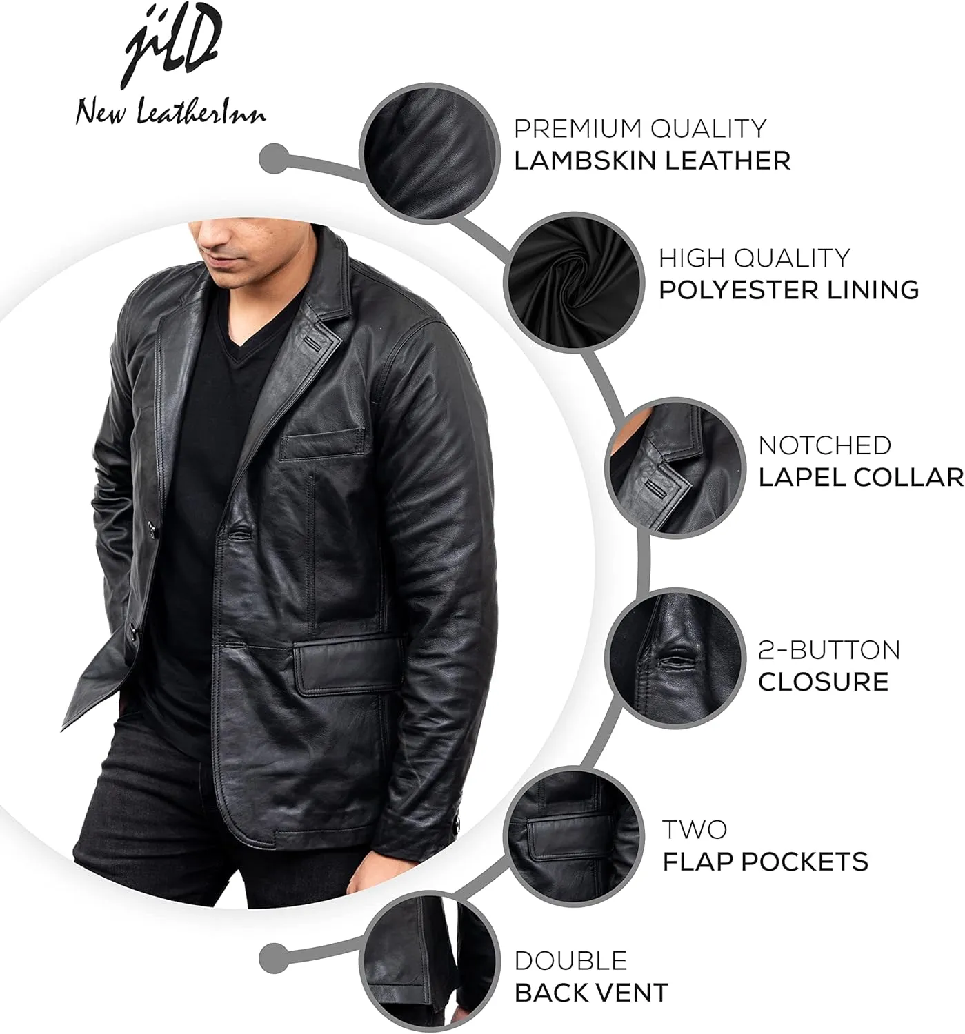 Jild Lambskin Leather Jacket Men Casual Coat  Notched Collar Classic Bonds Style Ultimate Leather Blazer for Men