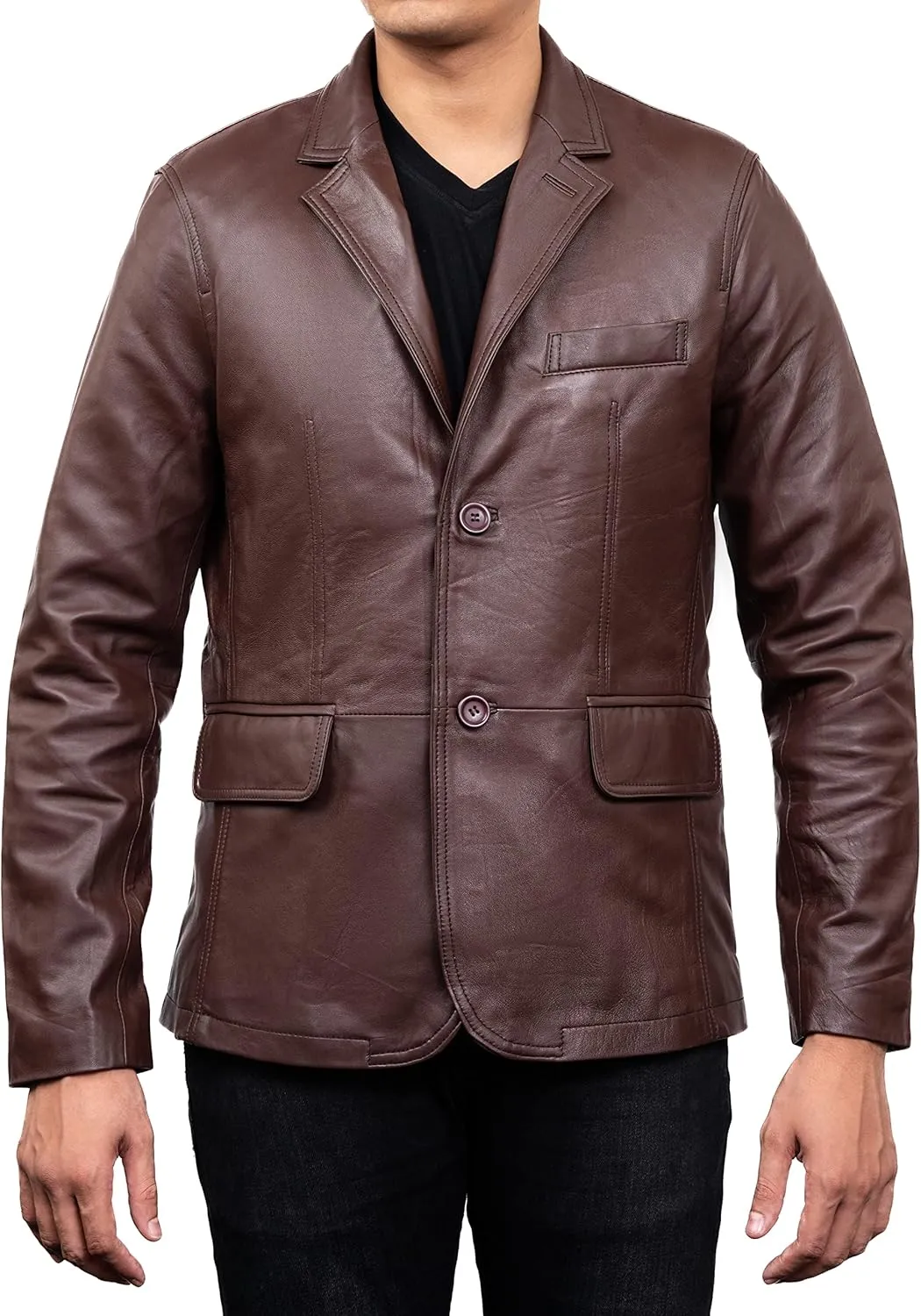 Jild Lambskin Leather Jacket Men Casual Coat  Notched Collar Classic Bonds Style Ultimate Leather Blazer for Men