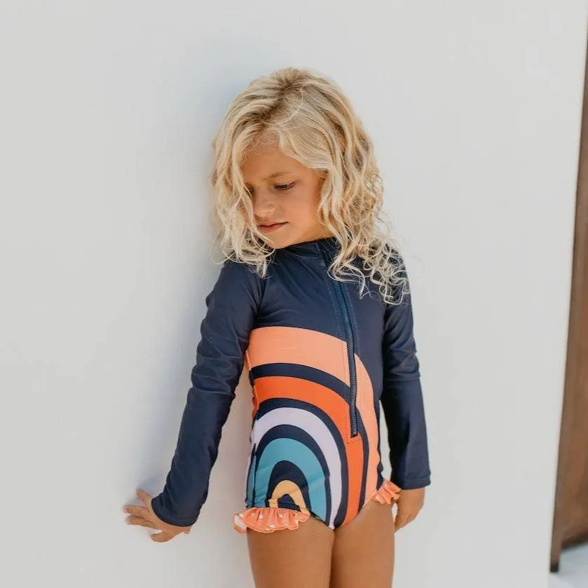 Kids Rainbow Navy Zip Rash Guard One Piece Swimsuit