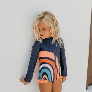 Kids Rainbow Navy Zip Rash Guard One Piece Swimsuit