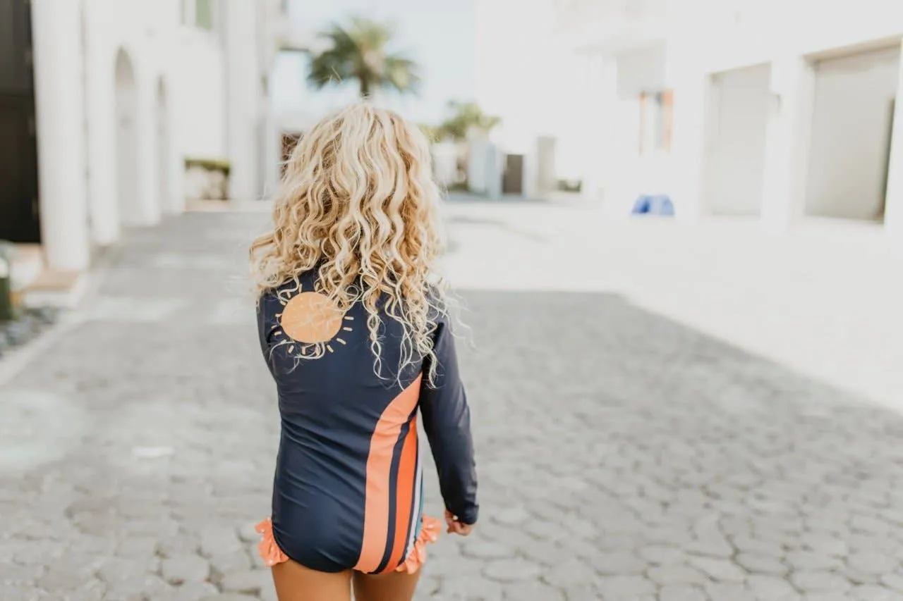 Kids Rainbow Navy Zip Rash Guard One Piece Swimsuit