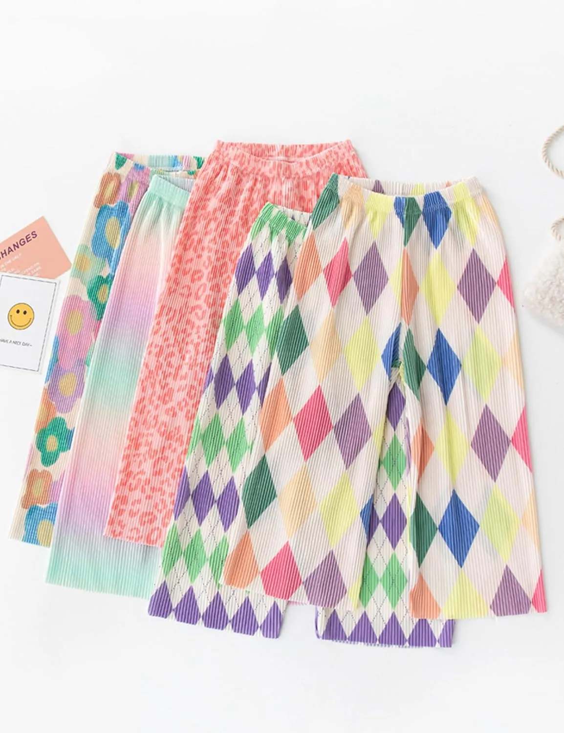 Kiench Girls Wide Leg Palazzo Pants Pleated Silky Flowy Trousers Cute Print