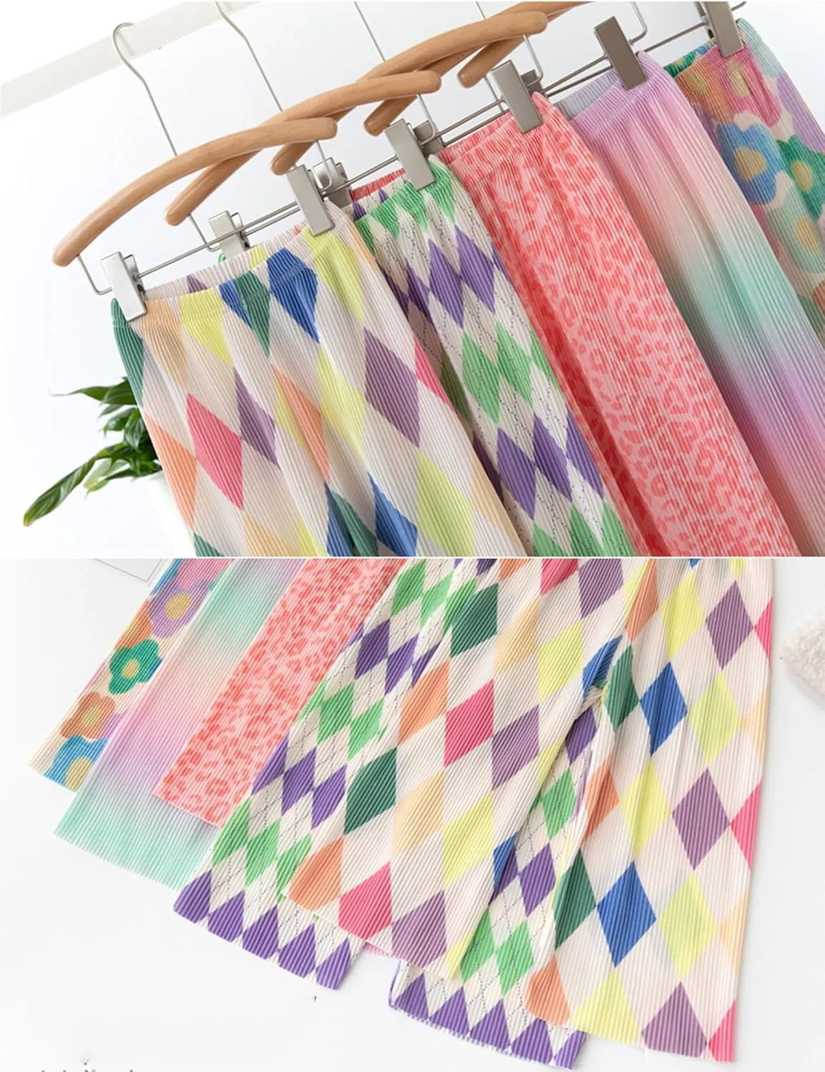 Kiench Girls Wide Leg Palazzo Pants Pleated Silky Flowy Trousers Cute Print