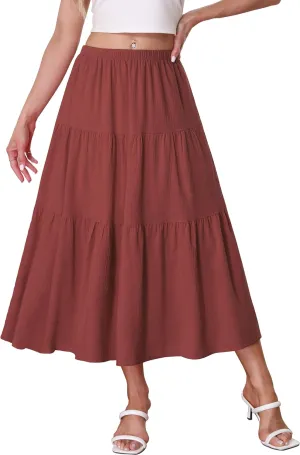 Kingfancy Women's Boho Midi Skirt A-Line Ruffle Elastic High Waist Tiered Flowy Skirts