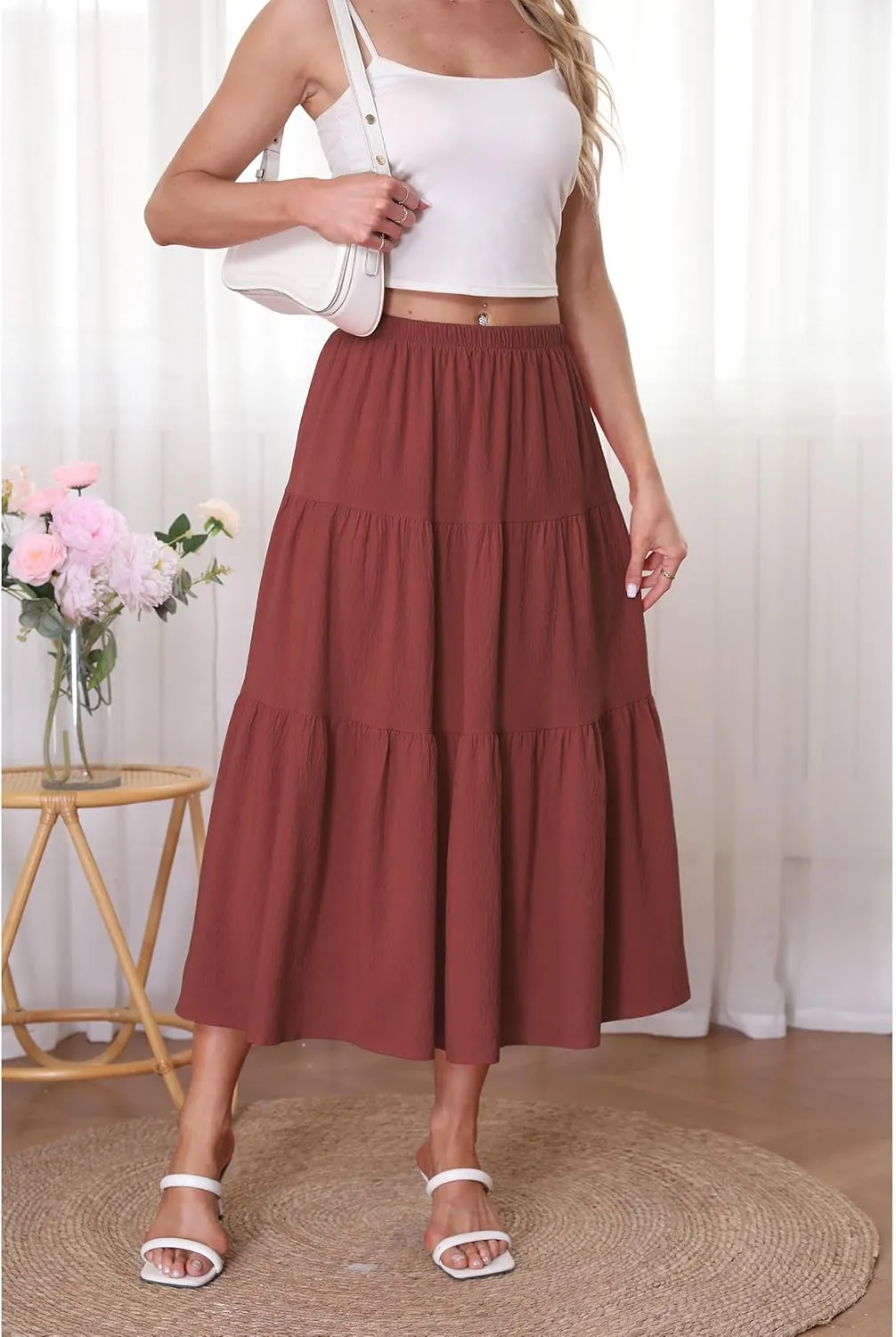Kingfancy Women's Boho Midi Skirt A-Line Ruffle Elastic High Waist Tiered Flowy Skirts