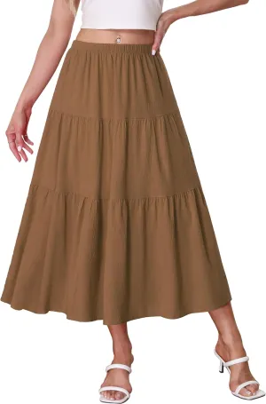 Kingfancy Women's Boho Midi Skirt A-Line Ruffle Elastic High Waist Tiered Flowy Skirts