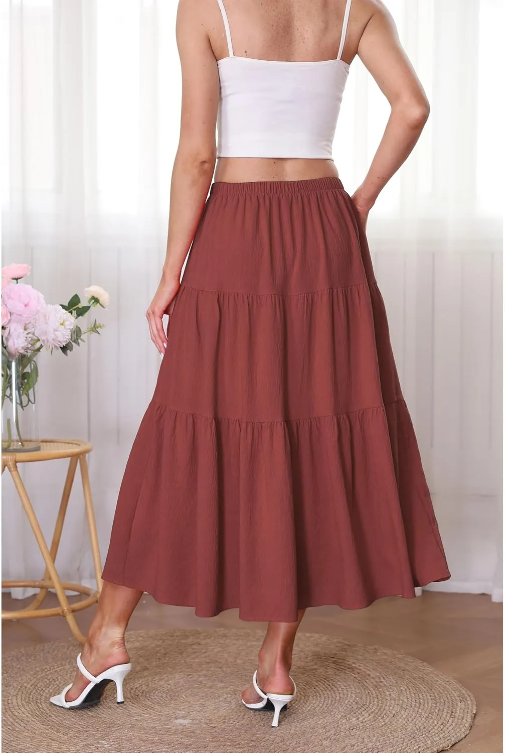 Kingfancy Women's Boho Midi Skirt A-Line Ruffle Elastic High Waist Tiered Flowy Skirts