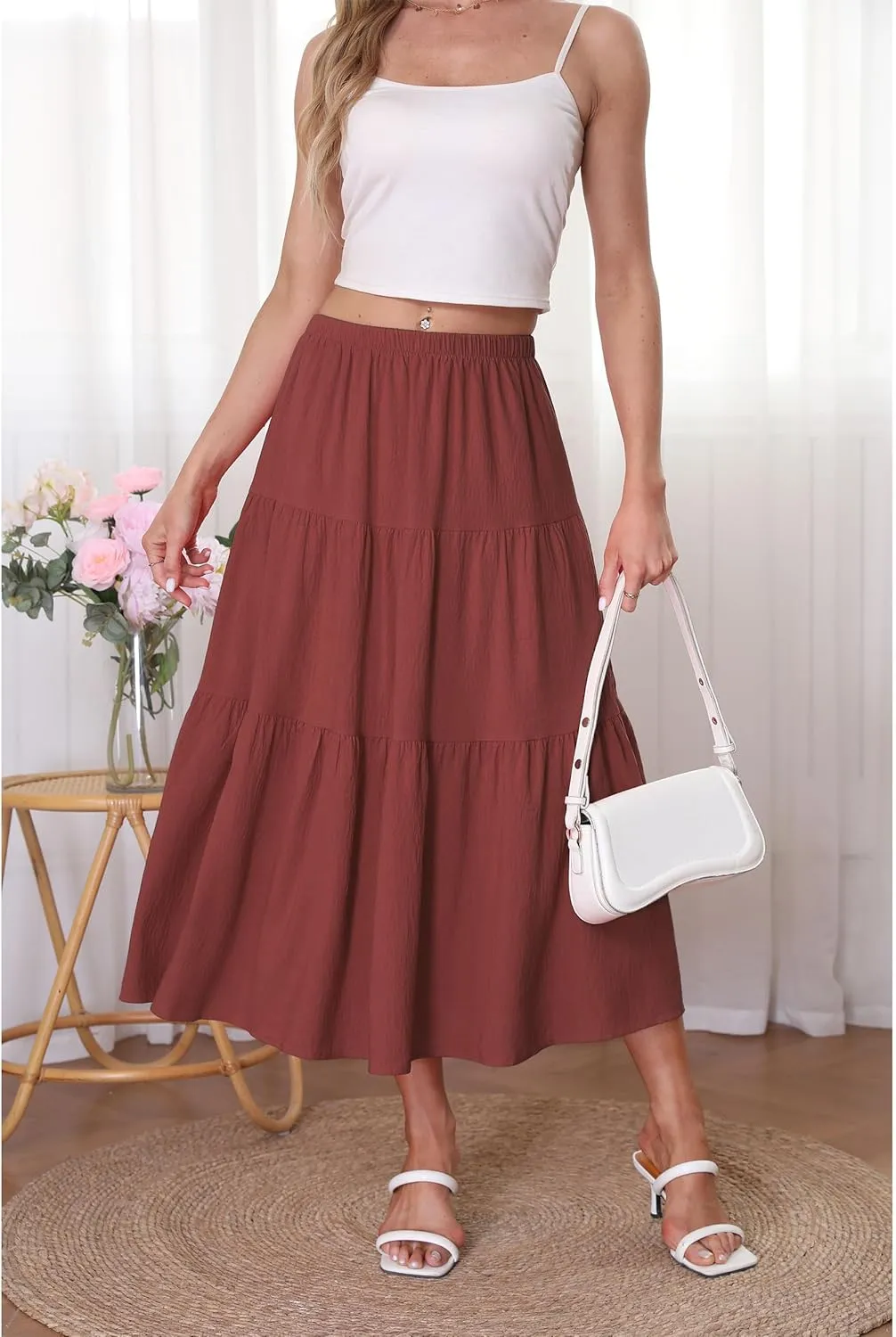 Kingfancy Women's Boho Midi Skirt A-Line Ruffle Elastic High Waist Tiered Flowy Skirts