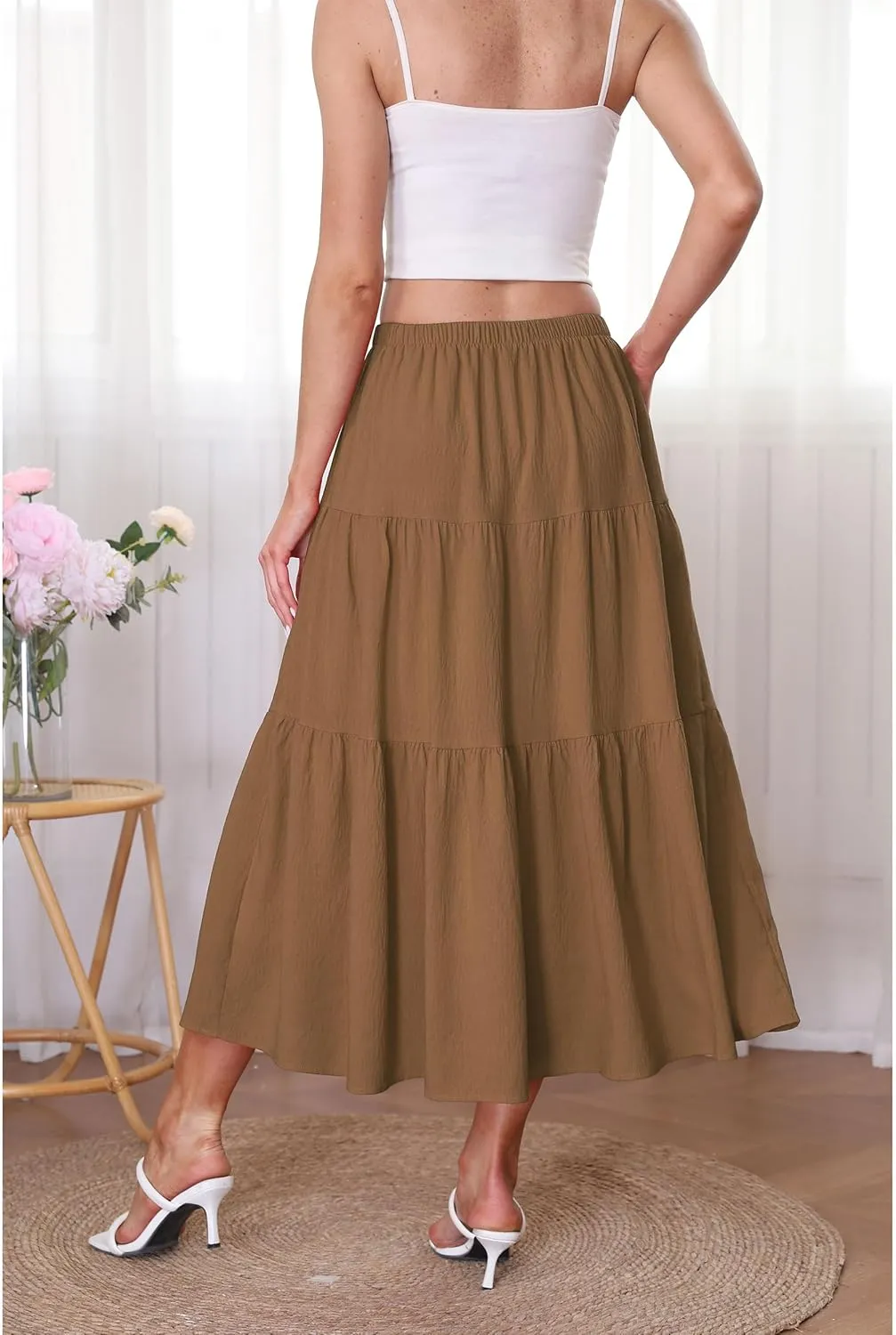 Kingfancy Women's Boho Midi Skirt A-Line Ruffle Elastic High Waist Tiered Flowy Skirts