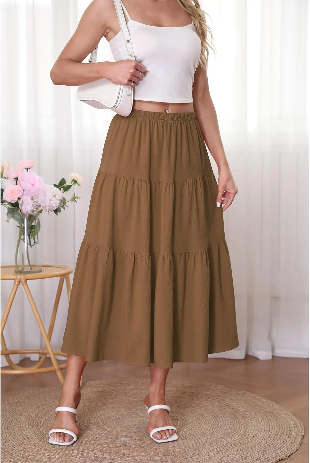 Kingfancy Women's Boho Midi Skirt A-Line Ruffle Elastic High Waist Tiered Flowy Skirts