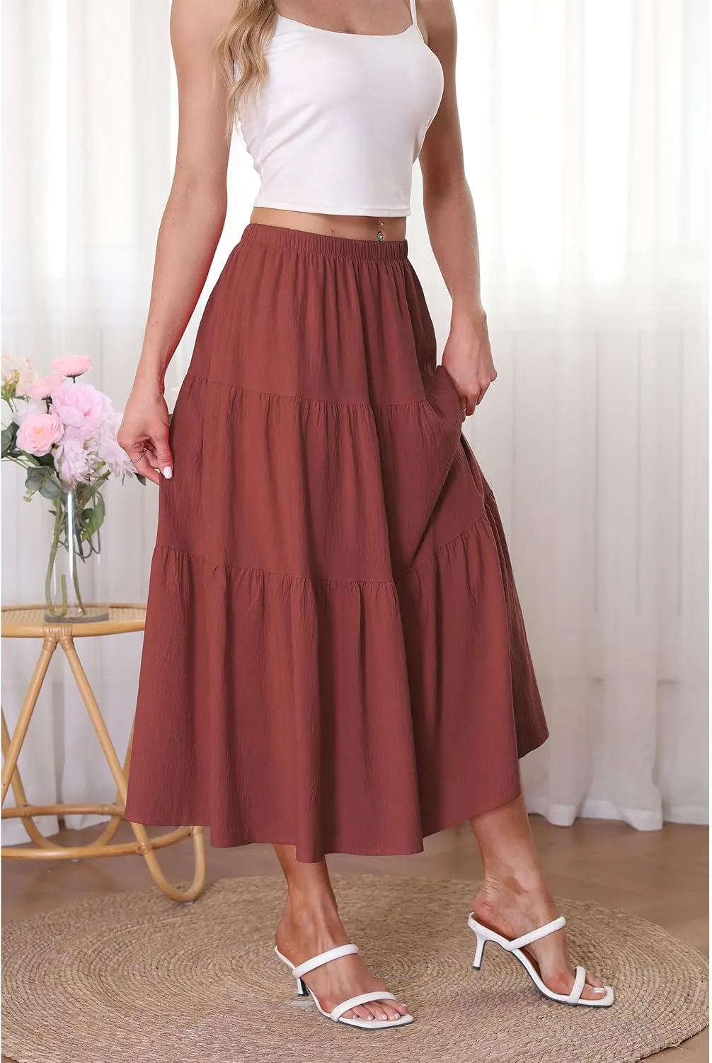 Kingfancy Women's Boho Midi Skirt A-Line Ruffle Elastic High Waist Tiered Flowy Skirts