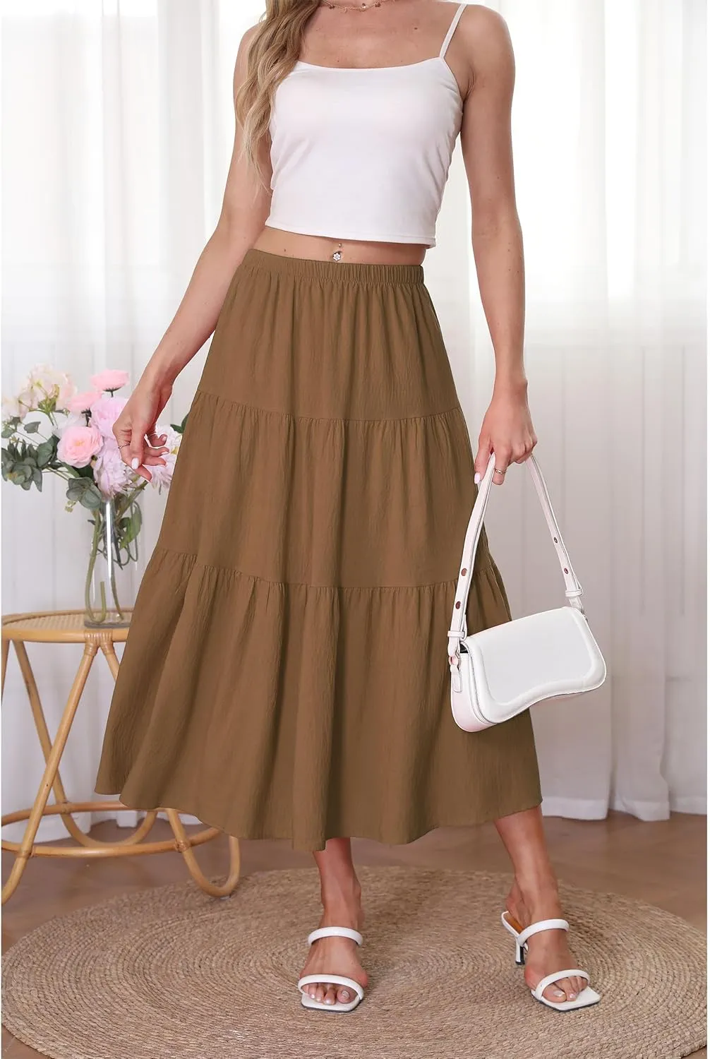 Kingfancy Women's Boho Midi Skirt A-Line Ruffle Elastic High Waist Tiered Flowy Skirts
