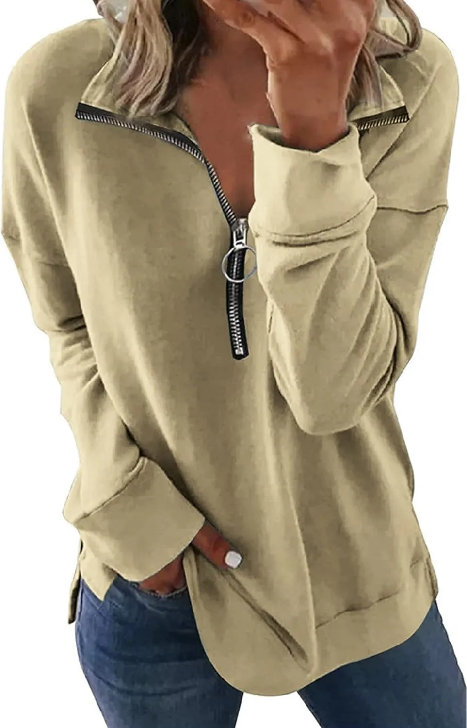 KINGFEN Womens Long Sleeve Quarter Zip Sweatshirt Loose Pullover Zipper Tops
