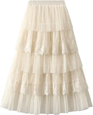 Lace Tulle Skirts Elegant Multi-Layer Midi Skirt for Women Weddings Parties A-Line Skirts 2025 Summer Clothes
