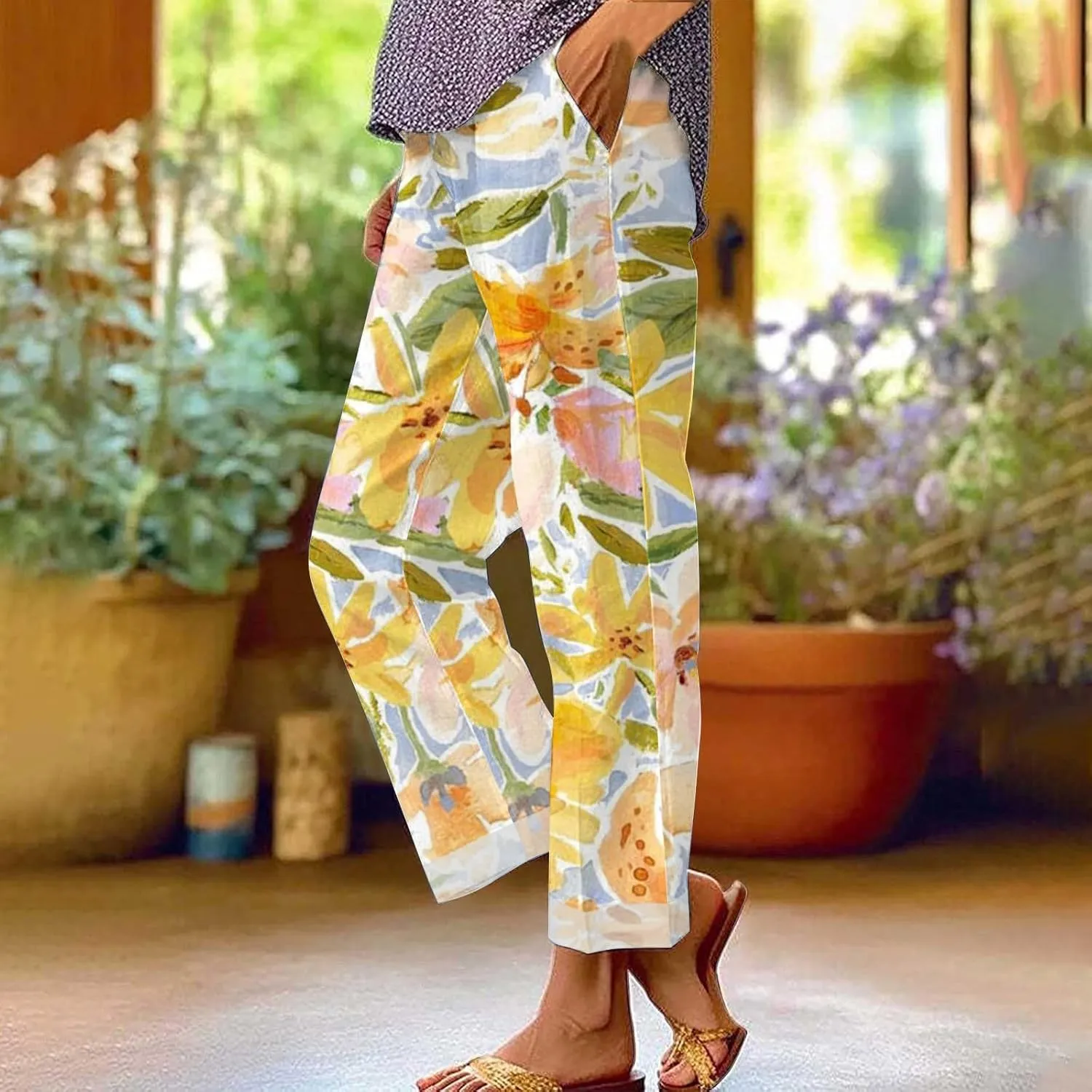 LCMTWX Wide Leg Pants Woman Solid Elastic Pants Long Drawstring Linen Women Waist Cotton Casual Pants Straight Leg Crop