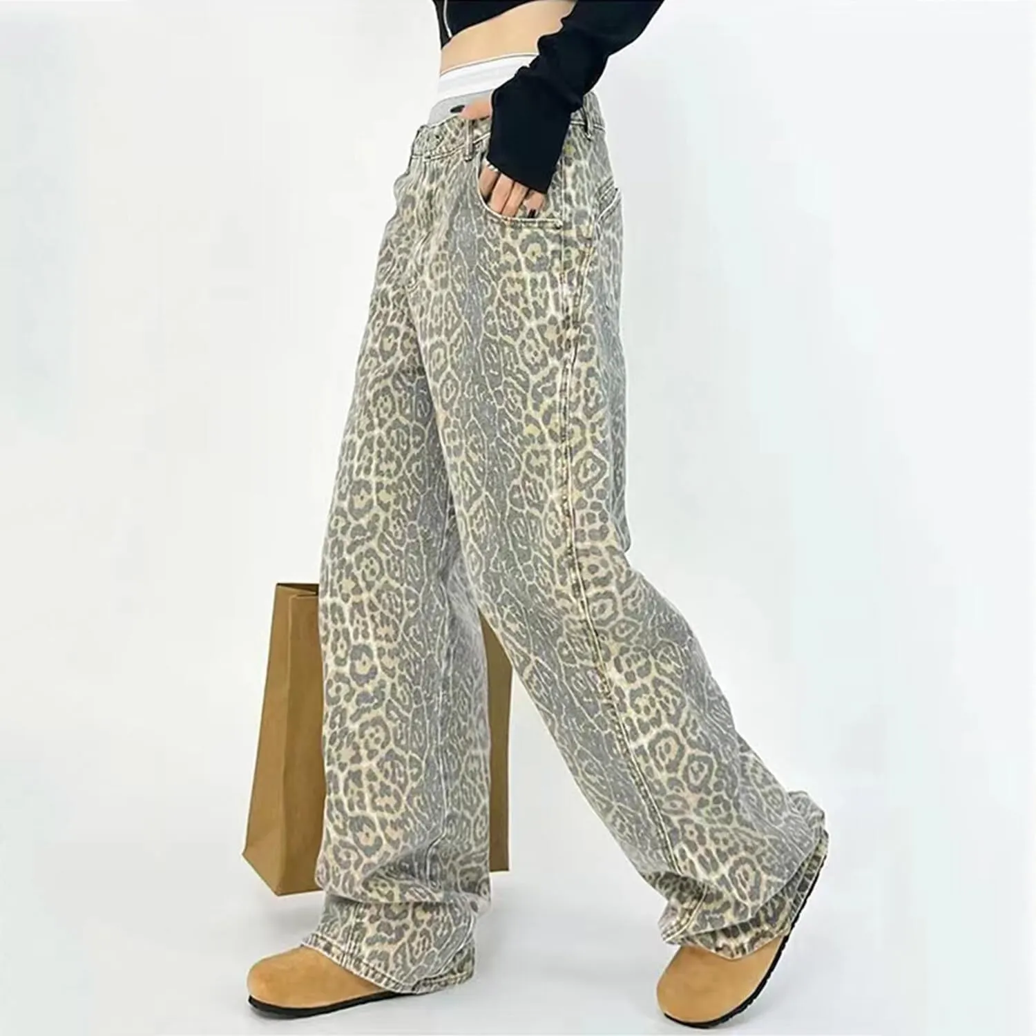 Leopard Print Jeans for Women High Waist Denim Pants Casual Streetwear Y2K Baggy Trousers