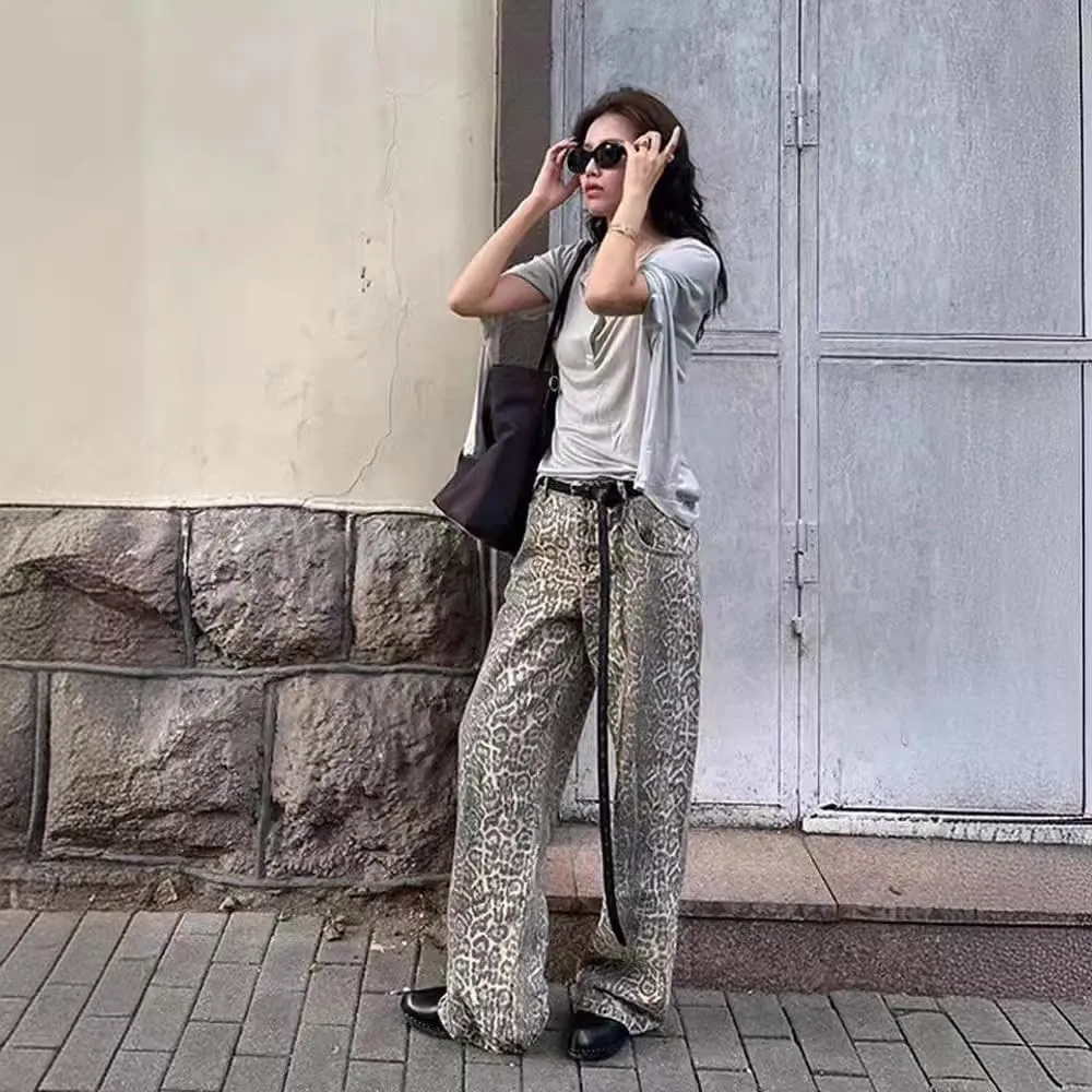 Leopard Print Jeans for Women High Waist Denim Pants Casual Streetwear Y2K Baggy Trousers