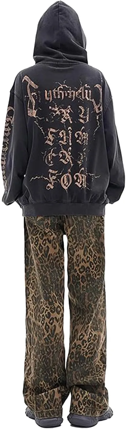 Leopard Print Jeans for Women High Waist Denim Pants Casual Streetwear Y2K Baggy Trousers