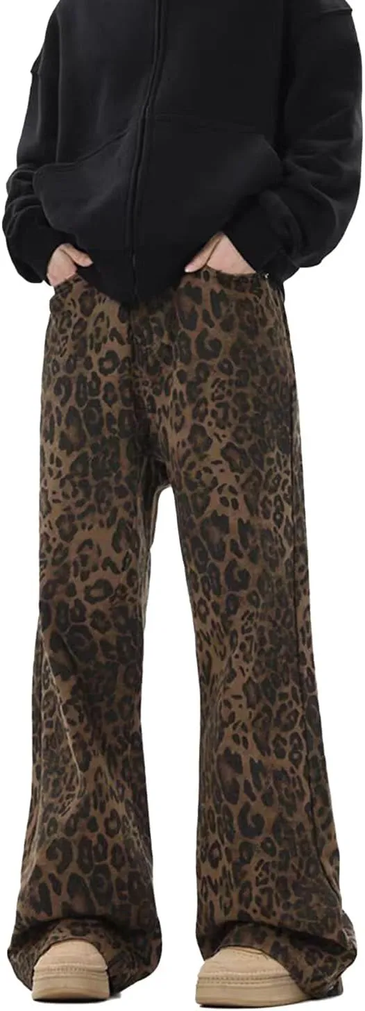 Leopard Print Jeans for Women High Waist Denim Pants Casual Streetwear Y2K Baggy Trousers