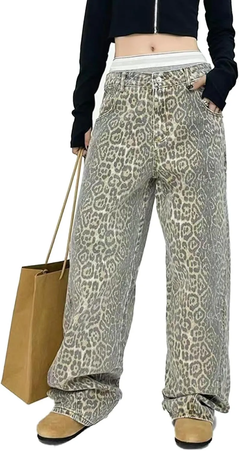 Leopard Print Jeans for Women High Waist Denim Pants Casual Streetwear Y2K Baggy Trousers