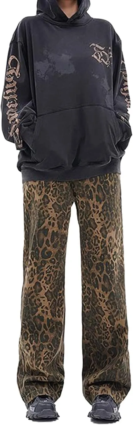Leopard Print Jeans for Women High Waist Denim Pants Casual Streetwear Y2K Baggy Trousers