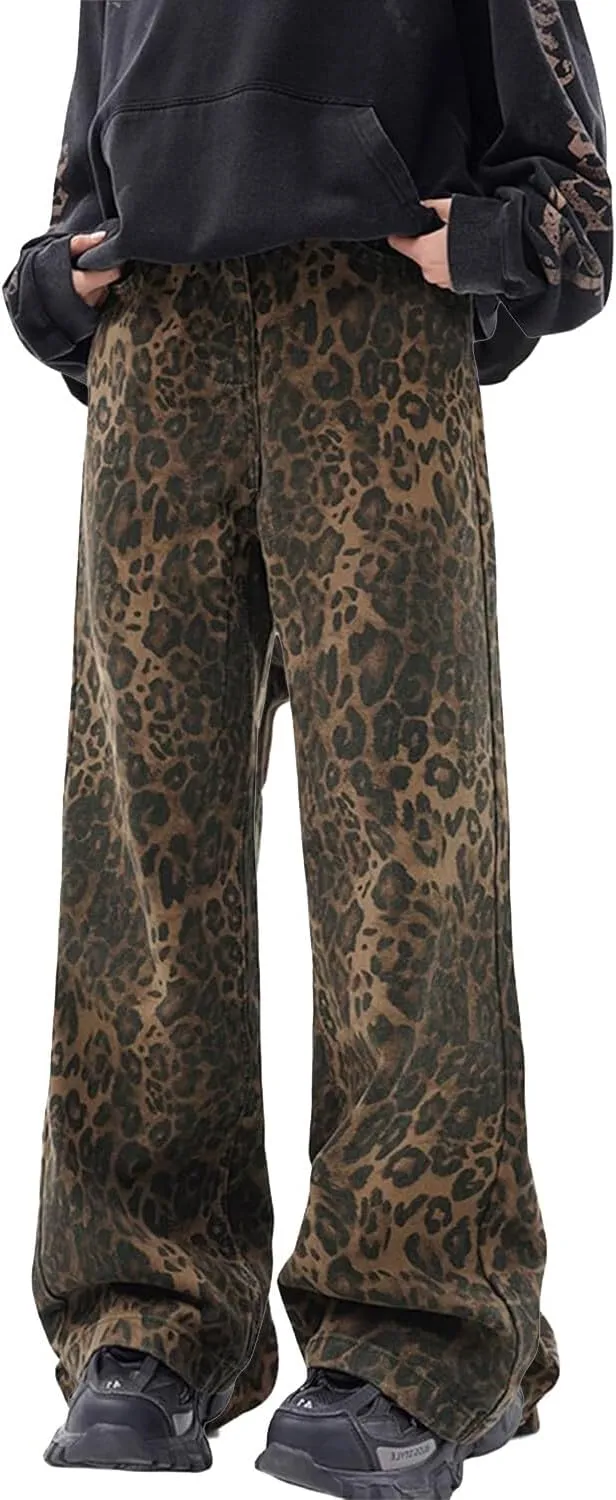 Leopard Print Jeans for Women High Waist Denim Pants Casual Streetwear Y2K Baggy Trousers