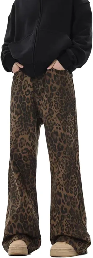 Leopard Print Jeans for Women High Waist Denim Pants Casual Streetwear Y2K Baggy Trousers