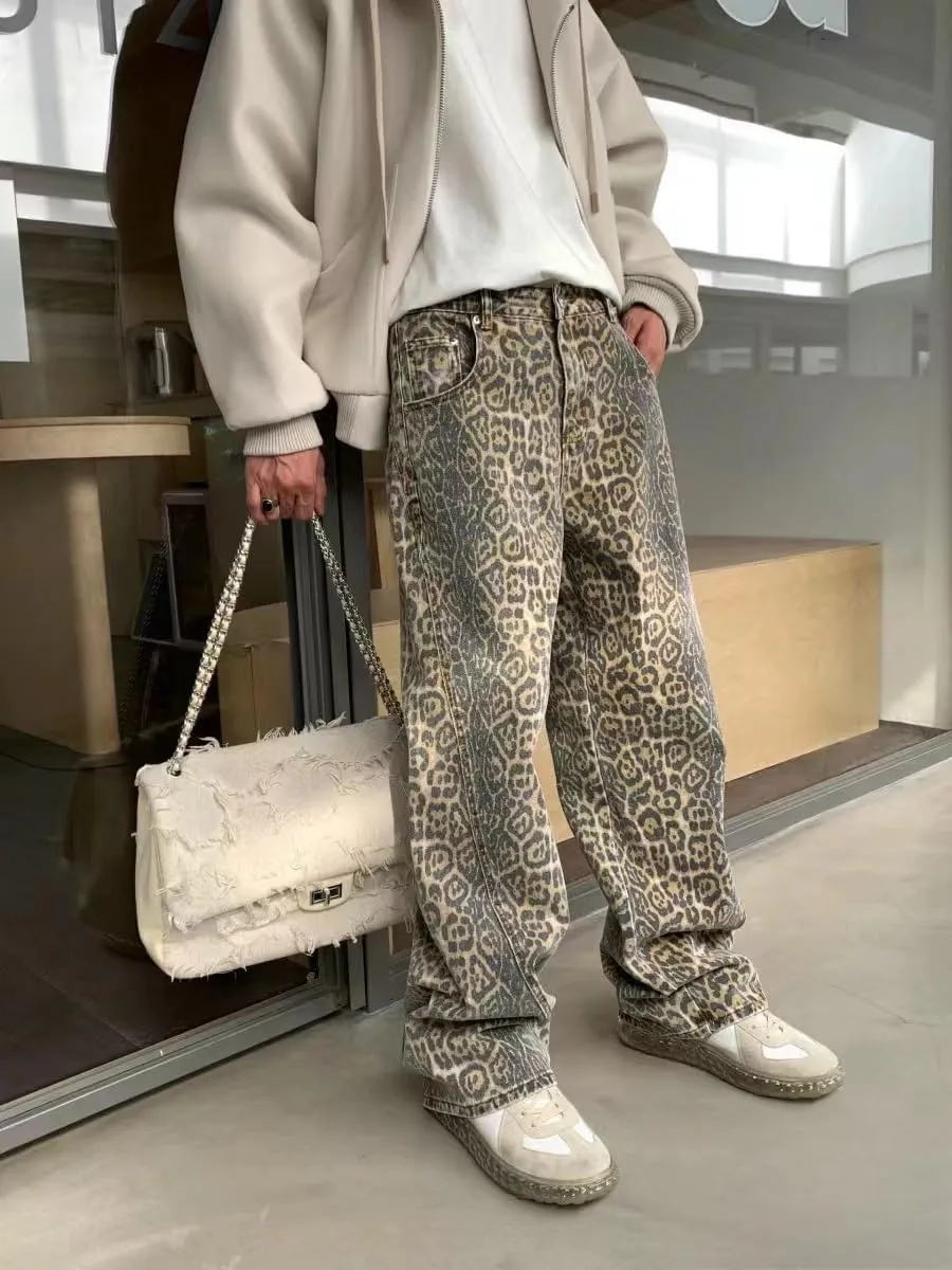 Leopard Print Jeans for Women High Waist Denim Pants Casual Streetwear Y2K Baggy Trousers