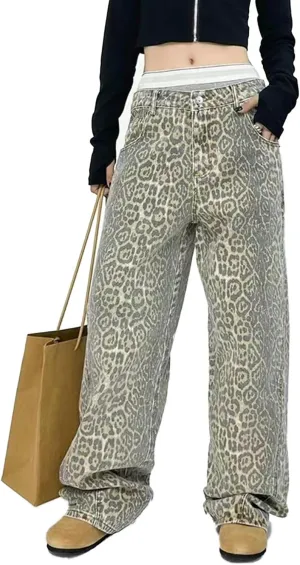 Leopard Print Jeans for Women High Waist Denim Pants Casual Streetwear Y2K Baggy Trousers