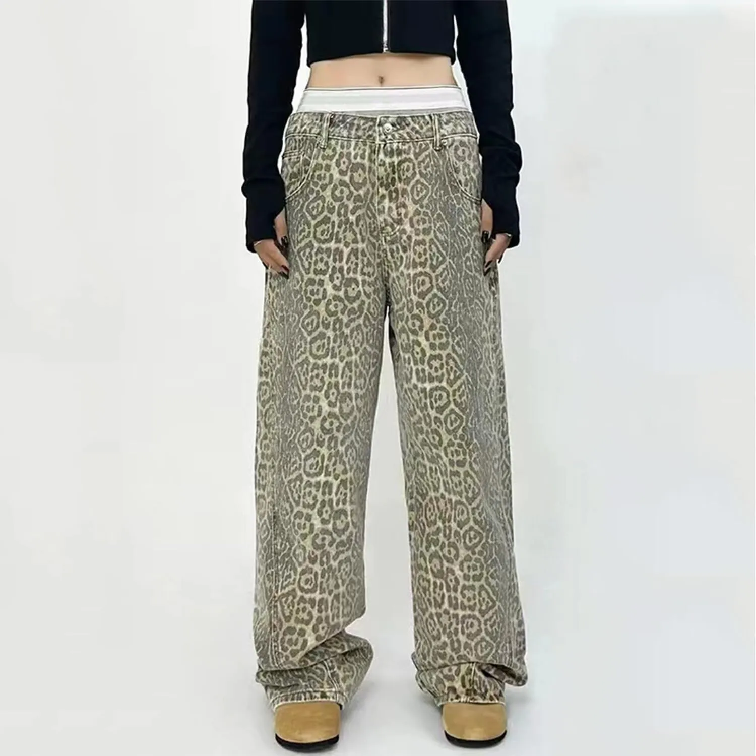 Leopard Print Jeans for Women High Waist Denim Pants Casual Streetwear Y2K Baggy Trousers