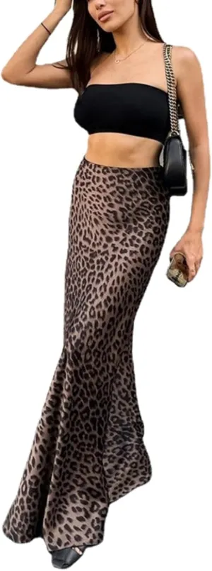 Leopard Print Skirts for Women, Y2k Fishtail Skirt High Waisted Maxi Skirt, Long Skirt Bodycon Club Dress