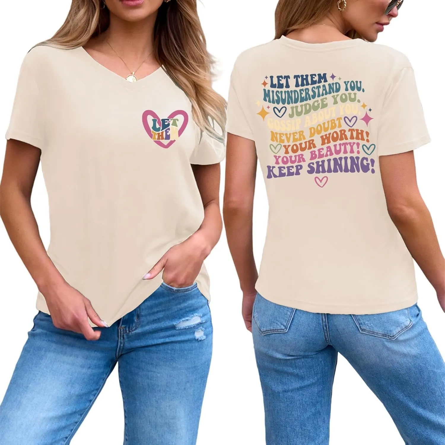 Let Them Misunderstand You V-Neck T-Shirt Mental Health Shirt for Women Inspirational Graphic Tees Motivational Gift