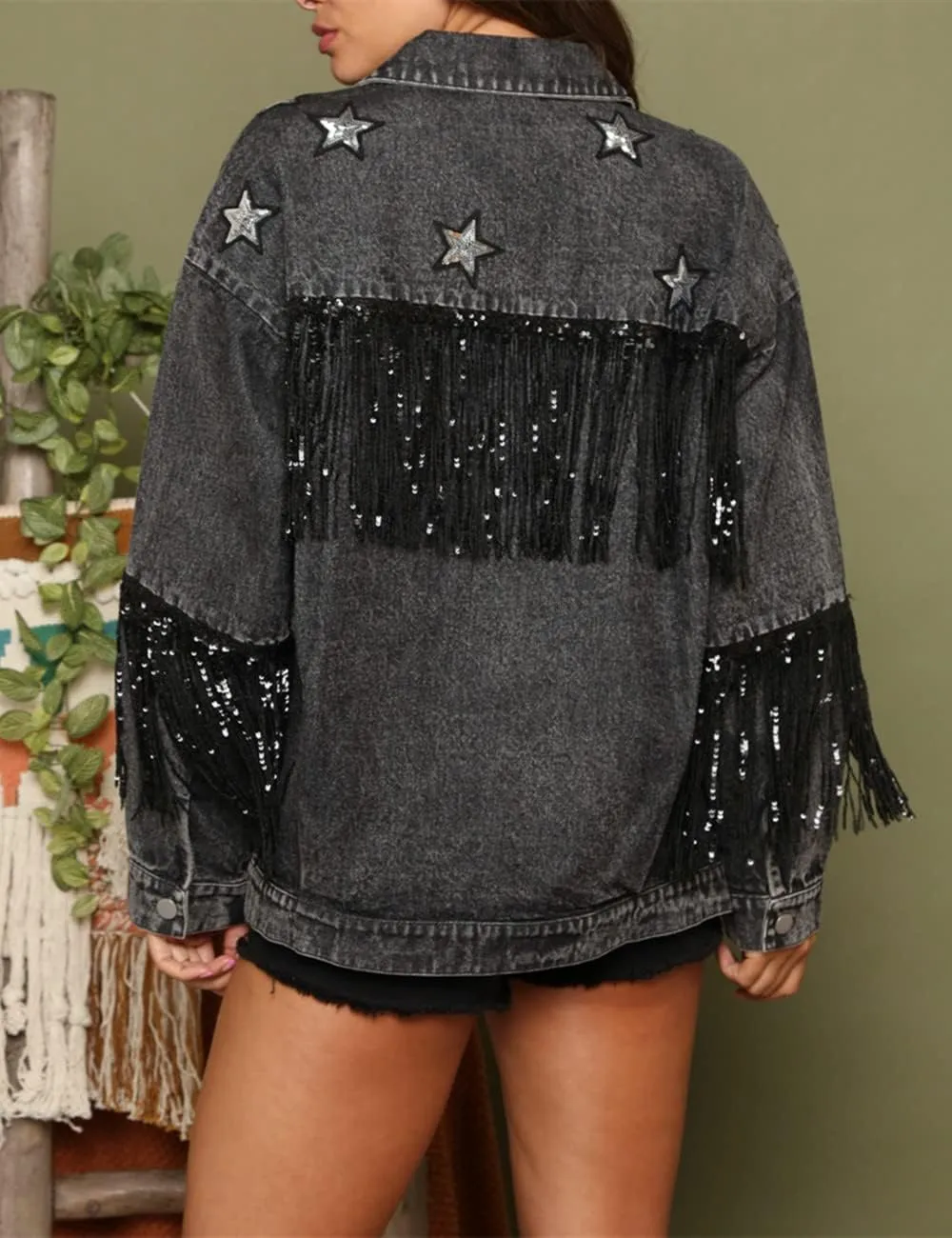 LifeShe Women Oversized Denim Jacket Casual Tassel Fringe Jean Jacket Boyfriend Jean Coats