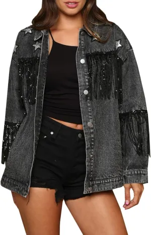 LifeShe Women Oversized Denim Jacket Casual Tassel Fringe Jean Jacket Boyfriend Jean Coats