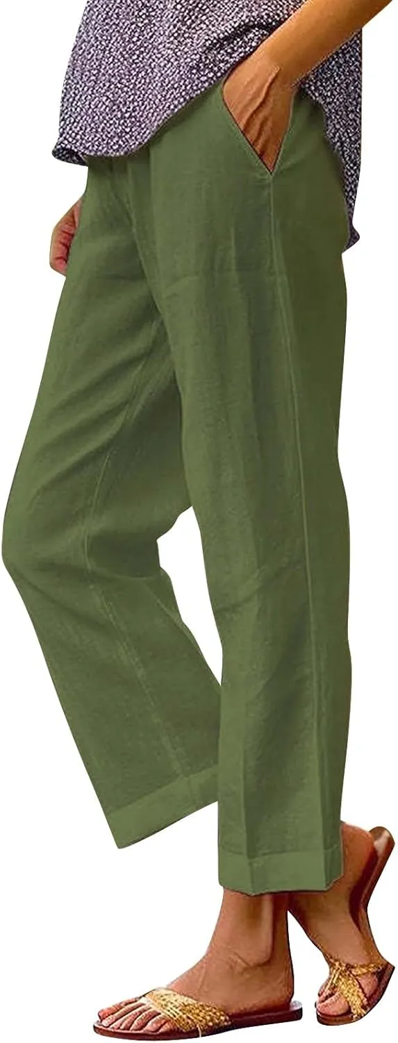 Light Weight Pants for Women Linen Pants Elastic Waist Straight Leg Plus Size Crop Pants Beach Trousers with Pockets