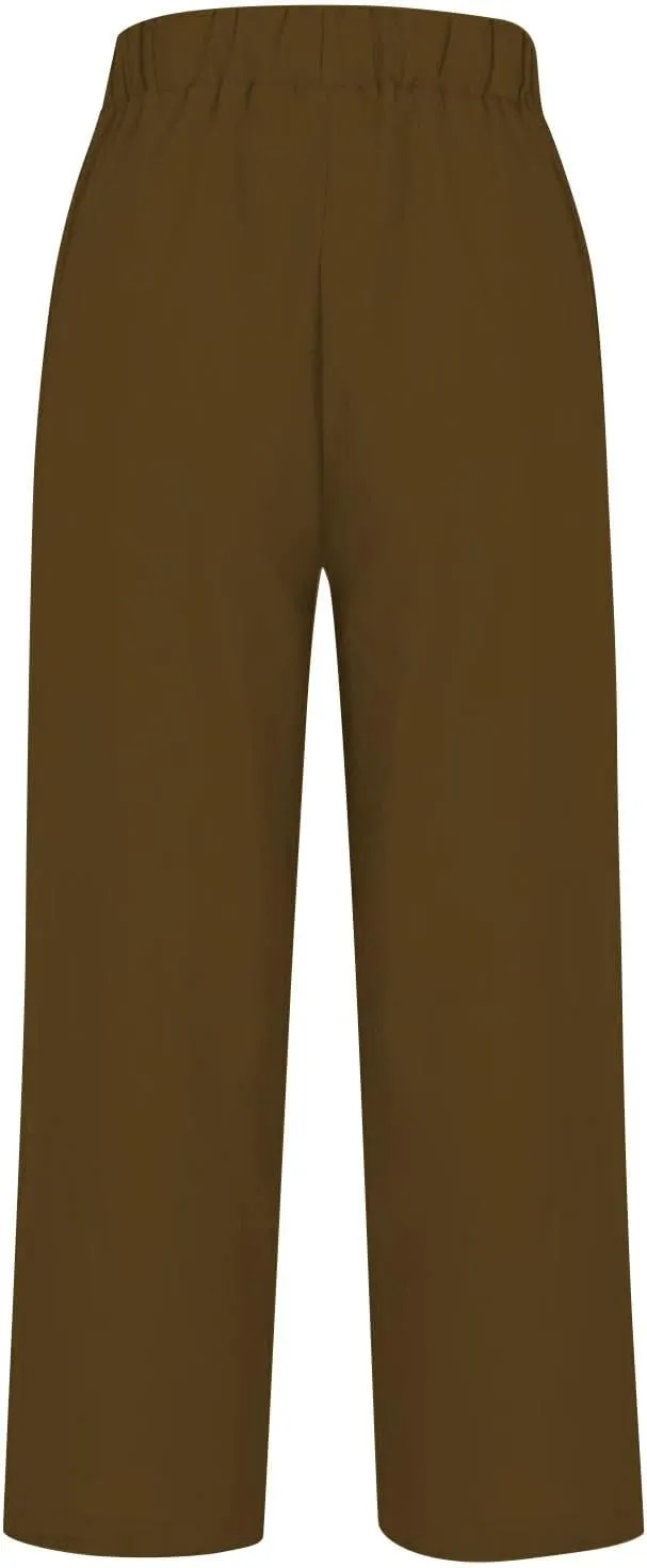 Light Weight Pants for Women Linen Pants Elastic Waist Straight Leg Plus Size Crop Pants Beach Trousers with Pockets