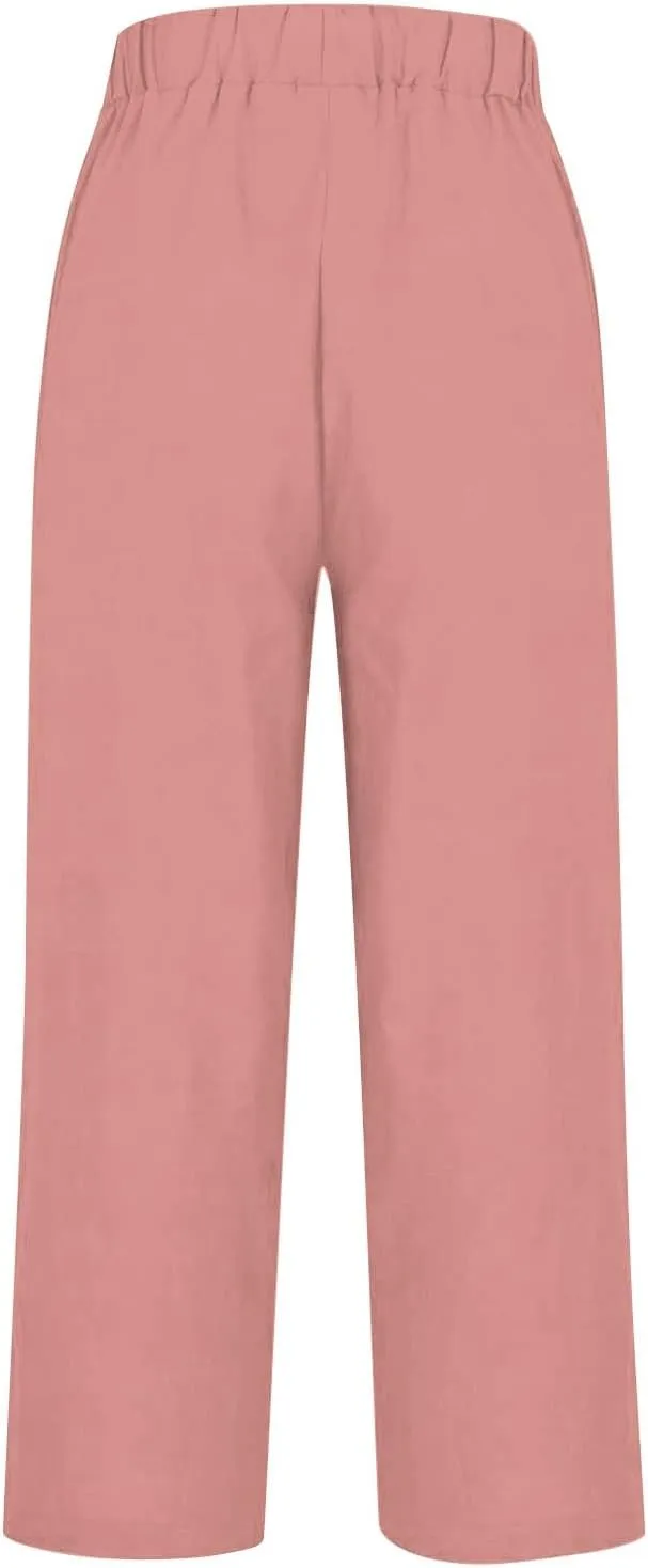 Light Weight Pants for Women Linen Pants Elastic Waist Straight Leg Plus Size Crop Pants Beach Trousers with Pockets
