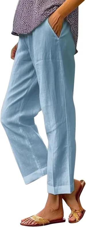 Light Weight Pants for Women Linen Pants Elastic Waist Straight Leg Plus Size Crop Pants Beach Trousers with Pockets