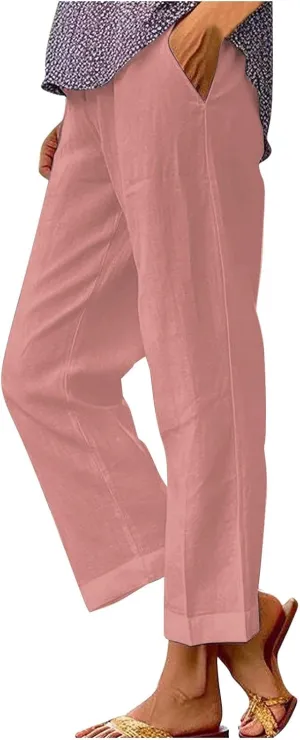 Light Weight Pants for Women Linen Pants Elastic Waist Straight Leg Plus Size Crop Pants Beach Trousers with Pockets