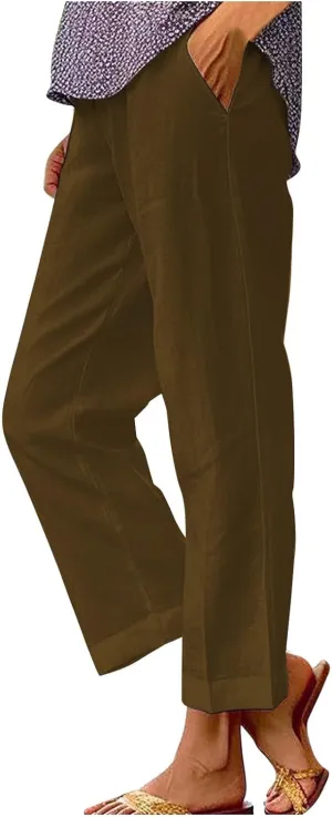 Light Weight Pants for Women Linen Pants Elastic Waist Straight Leg Plus Size Crop Pants Beach Trousers with Pockets