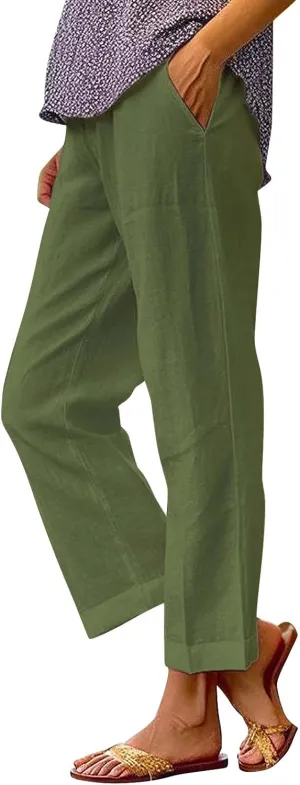 Light Weight Pants for Women Linen Pants Elastic Waist Straight Leg Plus Size Crop Pants Beach Trousers with Pockets