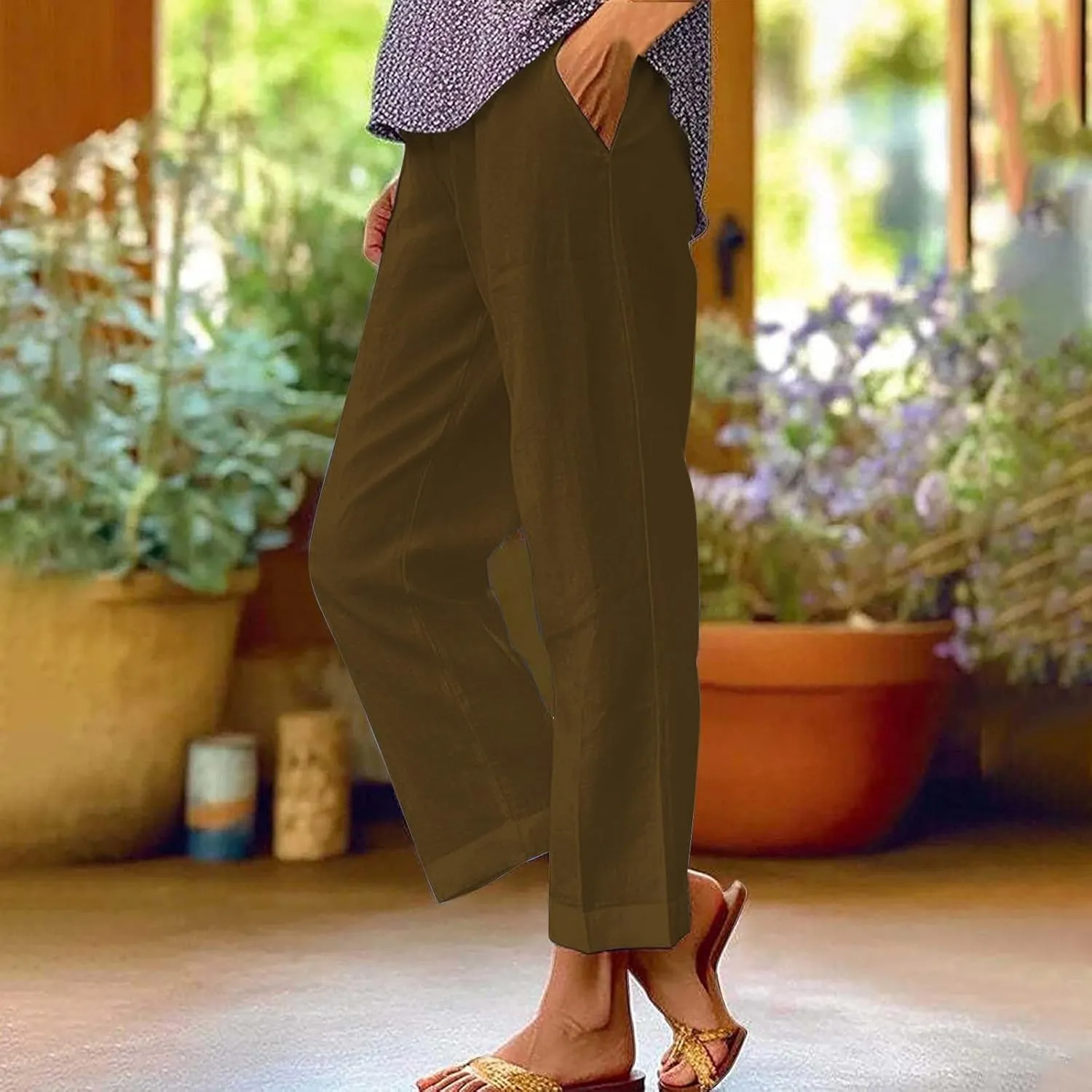 Light Weight Pants for Women Linen Pants Elastic Waist Straight Leg Plus Size Crop Pants Beach Trousers with Pockets