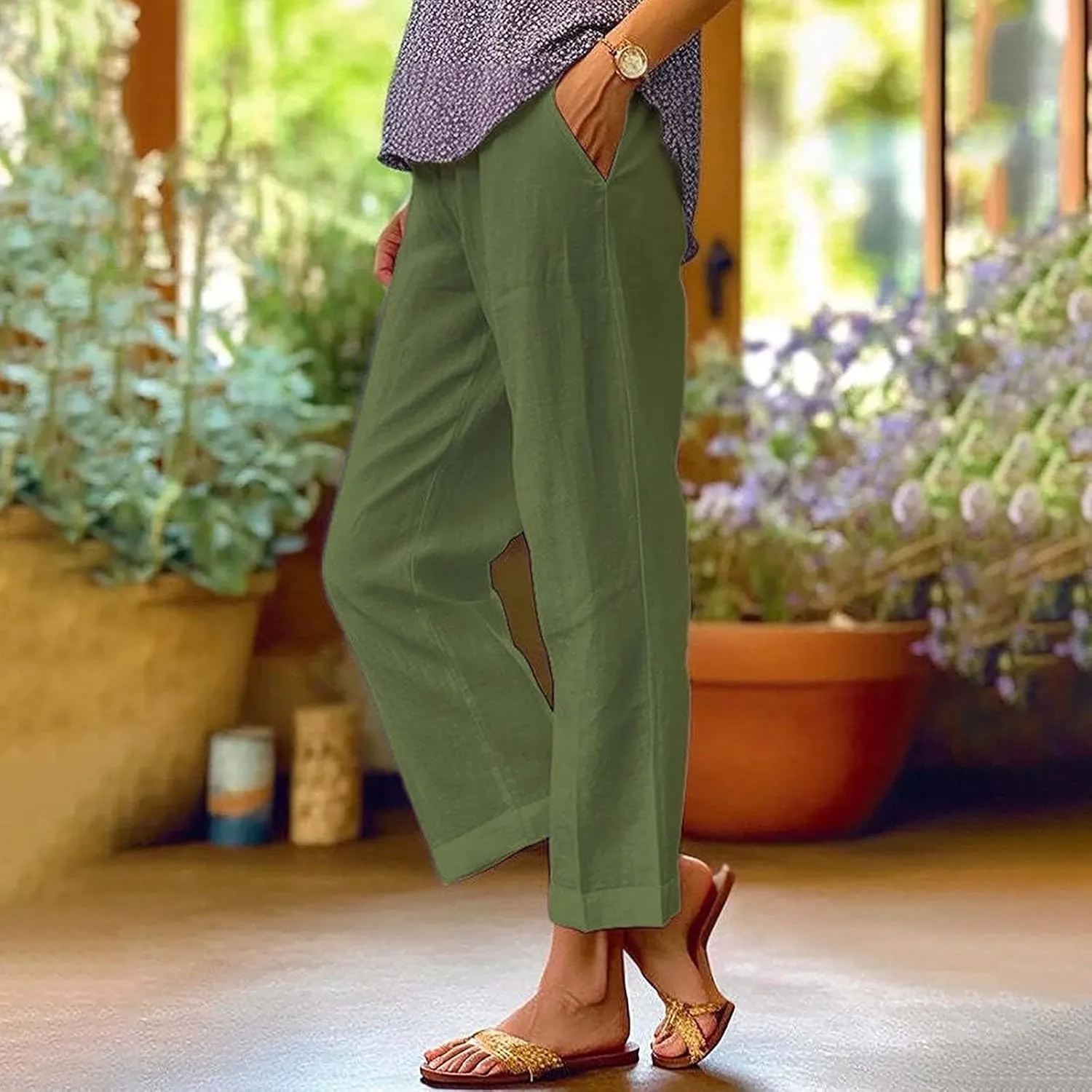 Light Weight Pants for Women Linen Pants Elastic Waist Straight Leg Plus Size Crop Pants Beach Trousers with Pockets