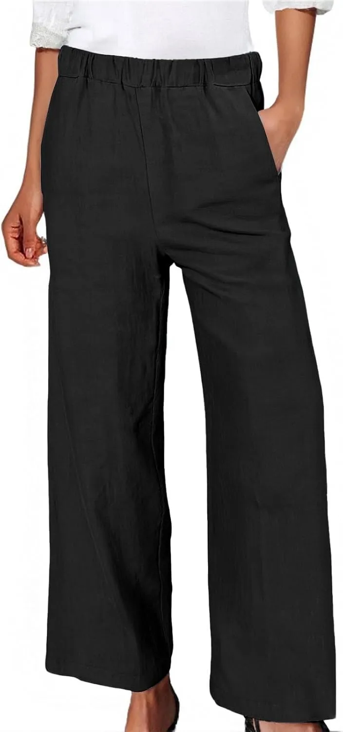 Linen Blend Pants for Women Summer 2025 Flowy Casual Lightweight Pants with Pockets Straight Leg Solid Cropped Sweatpants