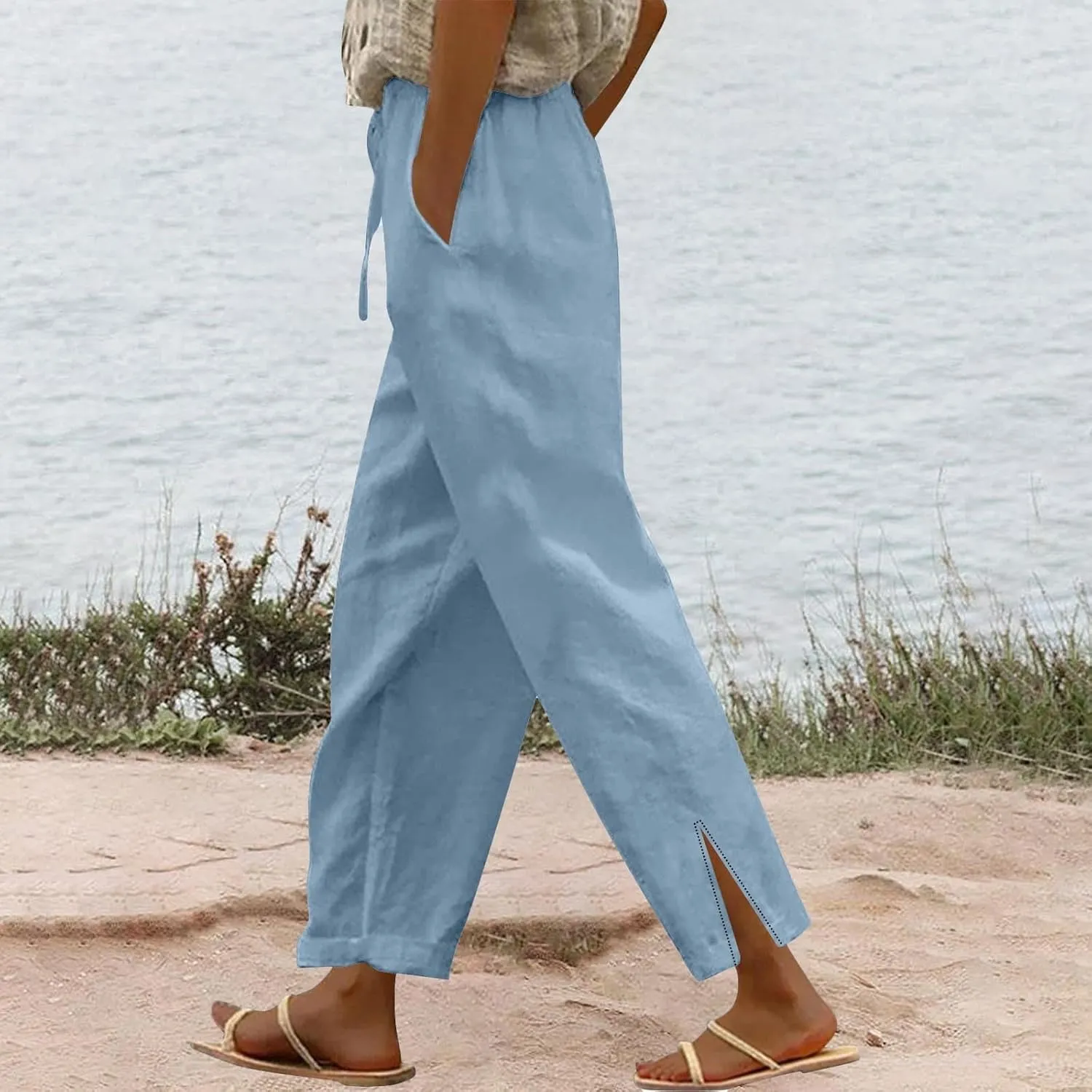 Linen Capri Pants for Women 2025 Cotton Linen Straight Leg Loose Casual Pants Petite Summer Beachwear Lightweight