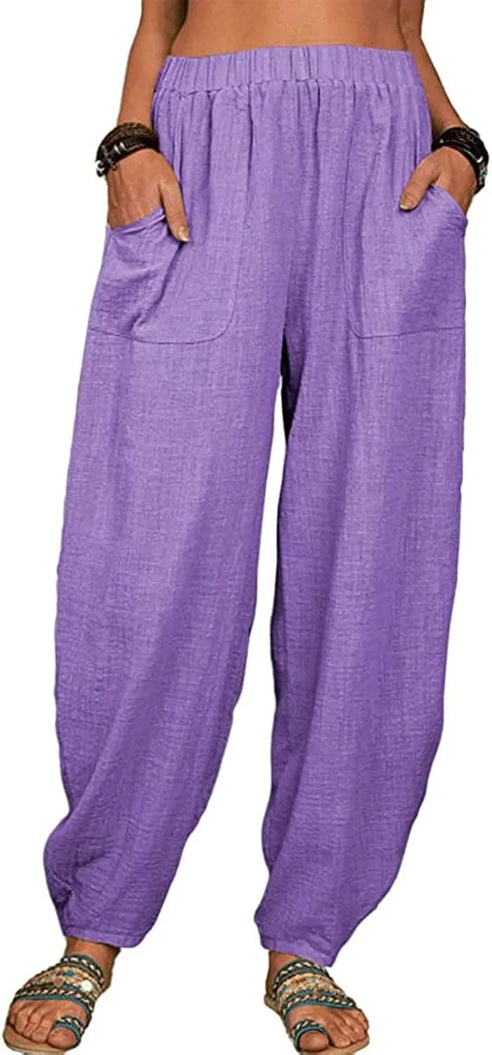 Linen Harem Pants for Women Summer Light Weight Quick Dry Pants Loose Wide Leg Trousers Pocket Elastic Waist Pants