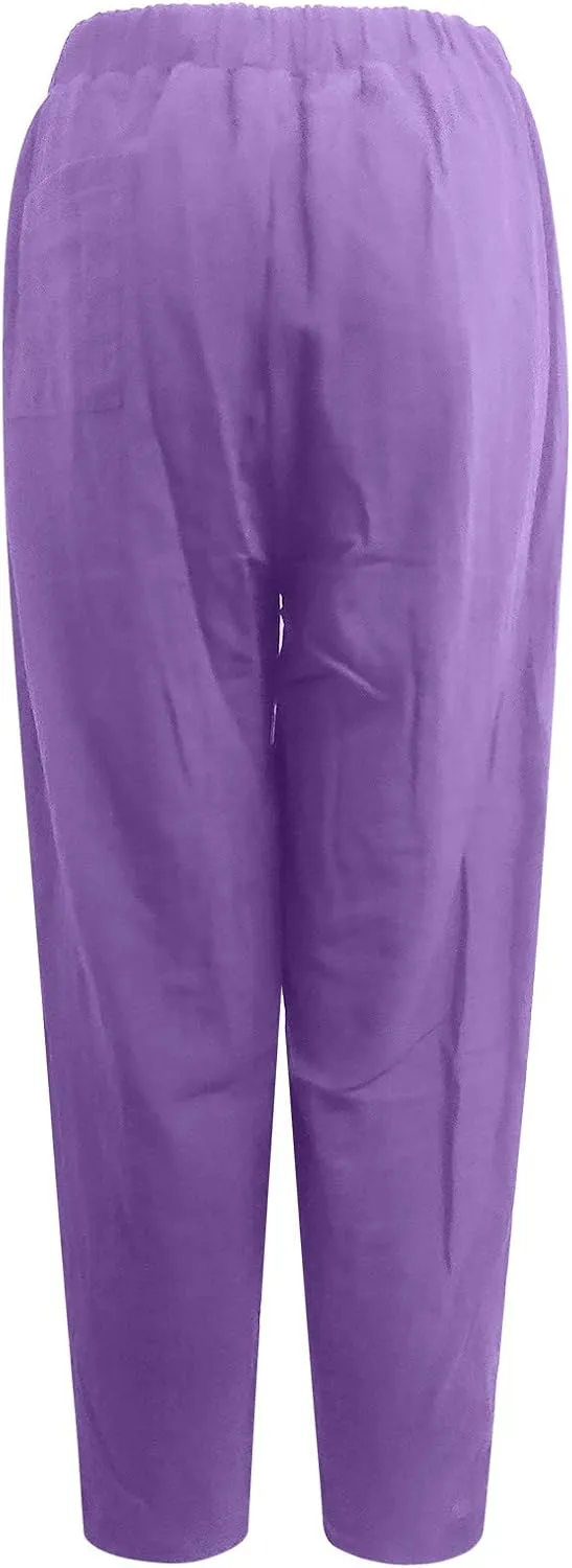 Linen Harem Pants for Women Summer Light Weight Quick Dry Pants Loose Wide Leg Trousers Pocket Elastic Waist Pants