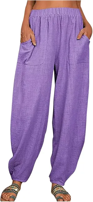 Linen Harem Pants for Women Summer Light Weight Quick Dry Pants Loose Wide Leg Trousers Pocket Elastic Waist Pants